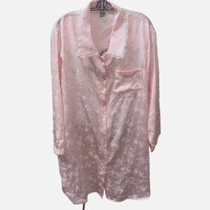Vintage Women's Charter Club Pink Satin Nightshirt LARGE Button Jacquard Fabric